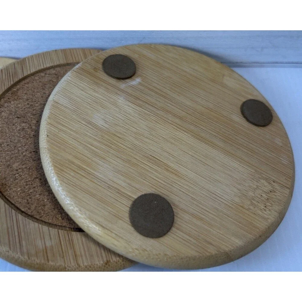 2015 BETTER HOMES Set Of 4 BAMBOO & CORK COASTERS IN Metal Holder